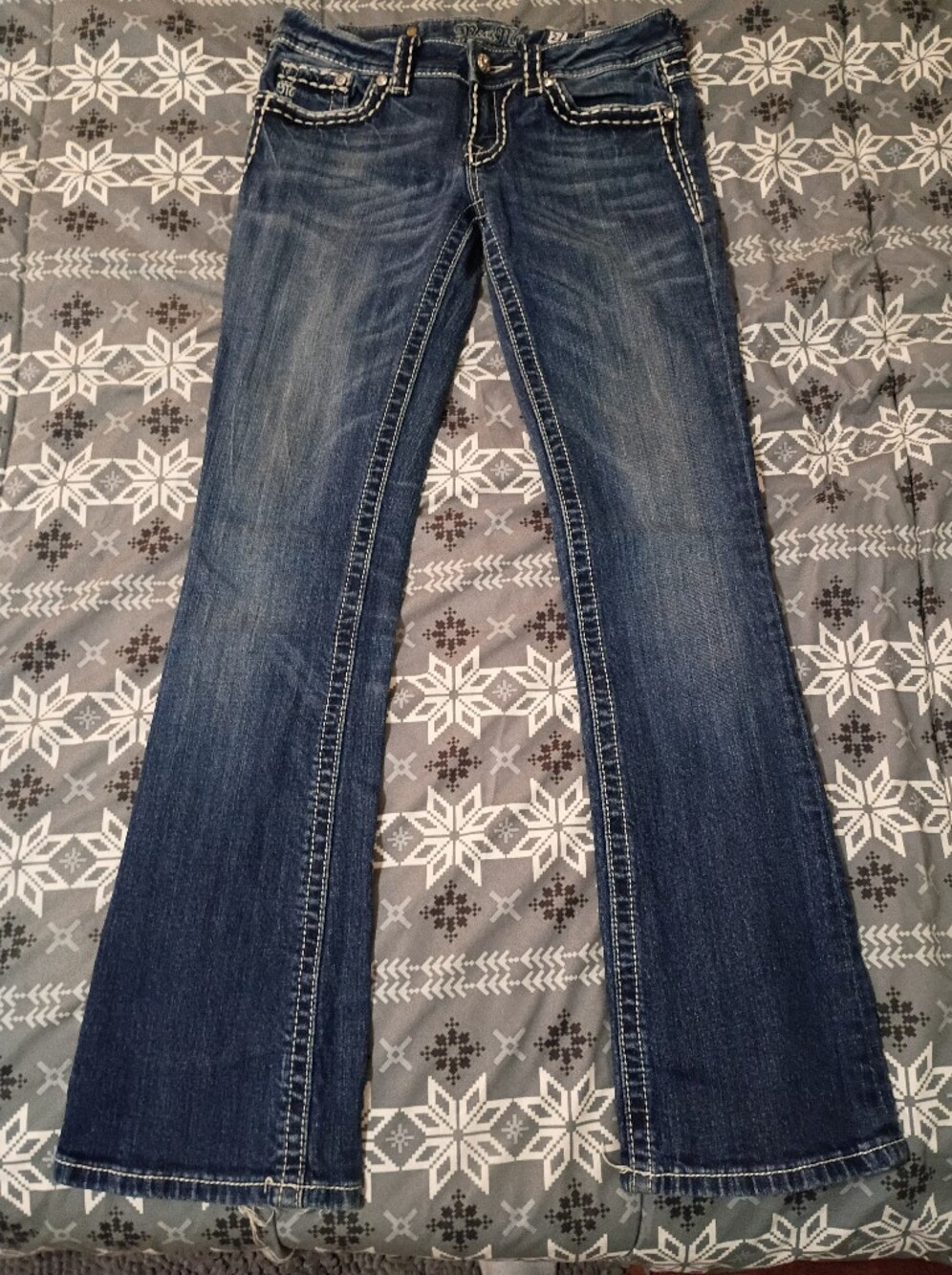 Miss Me Dark Blue Bootcut Jeans with White Stitching